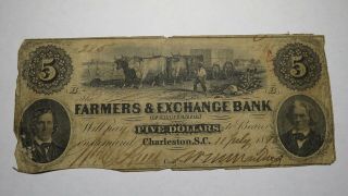 $5 1858 Charleston South Carolina Sc Obsolete Currency Bank Note Bill Farmers