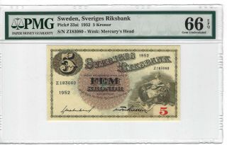 P - 33ai 1952 5 Kronor,  Sweden,  Sveriges Riksbank,  Pmg 66epq Gem,