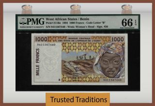 Tt Pk 211be 1994 West African States / Benin 1000 Francs Pmg 66 Epq Gem Unc