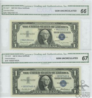 Set Of 2: 1957 $1 Silver Certificates Gem Uncirculated 66 & 67 Star Notes