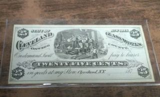 Cleveland Glass Factory,  Cleveland,  Ny,  Oswego County 25 Cent Scrip Note 1870s