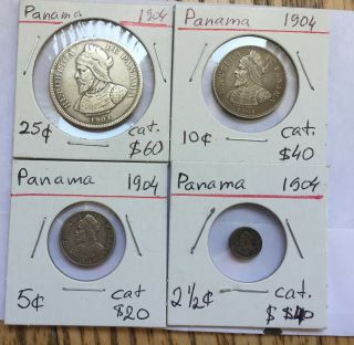 Panama 25 C,  10c,  5 C,  2 1/2 C (pill) - 1904 - Cat.  $160,