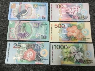 6 Note Set Central Bank Van Suriname,  Gulden 5 - 10 - 25 - 100 - 500 - 1000 Guldens