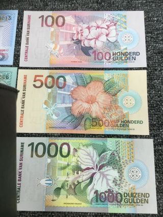 6 Note Set Central Bank Van Suriname,  Gulden 5 - 10 - 25 - 100 - 500 - 1000 Guldens 3