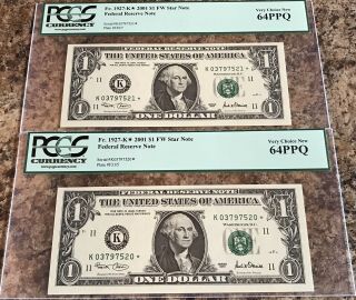Two 2001 $1 Dallas Federal Reserve Star Notes Pcgs64 Very Choice
