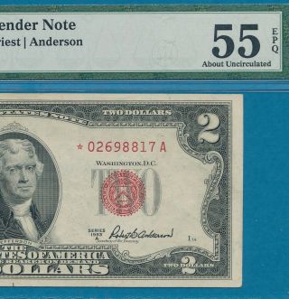 $2.  00 1953 - A Star Red Seal Legal Tender Note Attractive Pmg Au 55epq