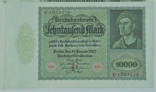 1922 Germany 10,  000 Mark Reichsbanknote Large Type