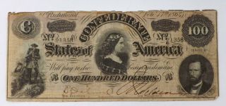 1864 Richmond Hundred Dollar $100 Civil War Confederate Currency Csa Note L29