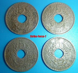 French Indo China - 5 Cents Holed Coin - 1939 - Vietnam War - Laos - Cambodia
