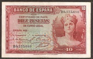 Spain España 10 Pesetas 1935 Pick 86.  A Vf,