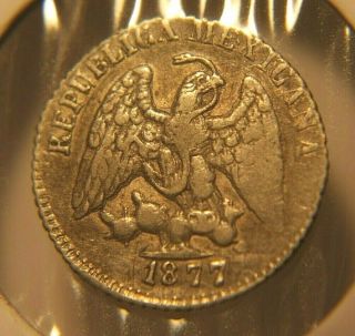 Scarce 1877 Five 5 Centavos Do/p Very Fine Mexico.  9027 Silver Coin Km 398.  3