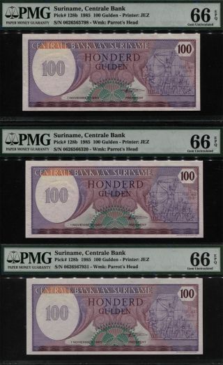 Tt Pk 128b 1985 Suriname 100 Gulden Pmg 66 Epq Gem Unc Set Of Three Notes