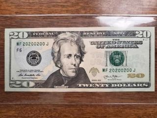 Binary Note Fancy Serial Number Series 2013 $20 20200200 About Uncirculated