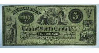 1857 $5 Note Obsolete Currency Bank Of South Carolina Color Cu009/rh