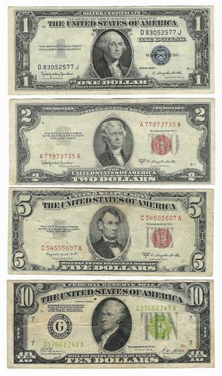 1928 B $10 Light Green,  1953 B $5 Red Seal,  1953 C $2 Red Seal,  1935 H $1 Silver Ct