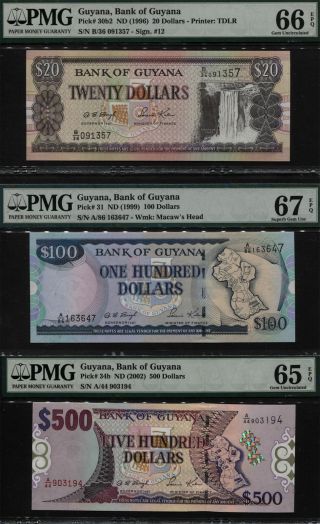 Tt Pk 31,  30b2,  & 34b Guyana 500 100 & 20 Dollars Pmg 65q,  66q,  & 67q Set Of 3