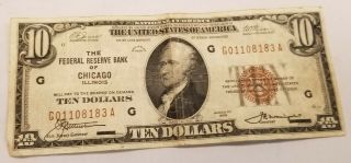 1929 $10.  Federal Reserve Bank Of Chicago,  Il " Brown Seal " Aces & Eights Or Tens