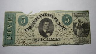 $5 1862 Richmond Virginia Va Treasury Currency Bank Note Bill Confederate Bill