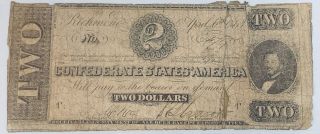1863 $2 Confederate Notes T - 61 Richmond Civil War J.  P.  Benjamin On Right