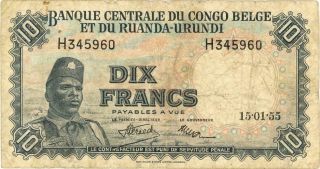 Belgian Congo 10 Francs Currency Banknote 1955