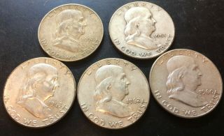 (5) 1952 & 1953 D & 1960,  1962,  1963 P Franklin Half Dollars Not Cleaned