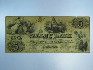 1855 $5 The Valley Bank Of Maryland Obsolete Currency Cu036/re