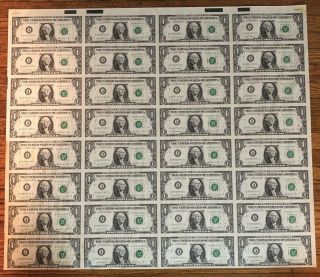 Uncut Sheet Of 32 1981 $1 Notes Uncirculated Slight Water Stains