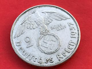 2 Reichsmark 1937 G With Nazi Coin Swastika Silver Brilliant