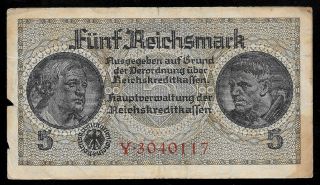 World Paper Money - Nazi Germany 5 Reichsmark 1940 1945 @ Vg - Fine