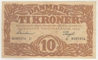 Denmark 10 Kroner U Prefix 1943 Issue P31o In Xf.  Rare