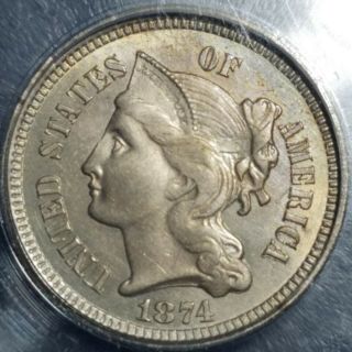 1874 3 Cent Nickel Icg Ms62 3cn Three Cent Piece Bu Unc.  Brilliant Uncirculated