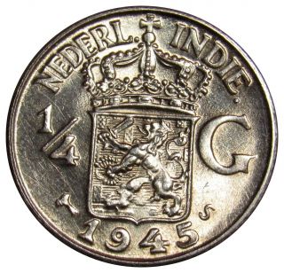 Netherlands East Indies 1/4 Gulden Silver Coin 1945 Km 319 Au - Unc (a2)