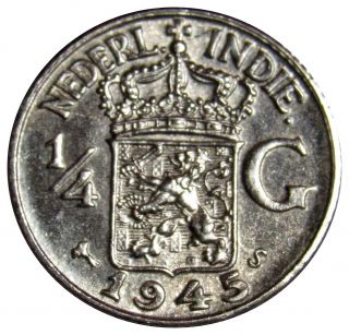 Netherlands East Indies 1/4 Gulden Silver Coin 1945 Km 319 Au - Unc