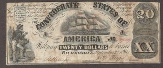 1861 $20.  00 T - 18 Confederate Note,  Vf,