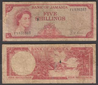 Jamaica 5 Shillings L.  1960 (1964) Banknote (vg - F) P - 51ad Qeii