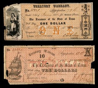 $1.  00 & $10.  00 1862 State Of Texas Treasury Warrants Dated 1862 2 Items