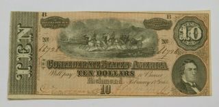 1864 Civil War Confederate Money $10 Ten Dollar Note Bill Richmond Va Au/cu