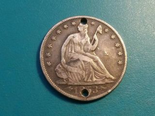 1853 - O Arrows & Rays Seated Liberty Half Dollar With Hole.  Choice Vf Detail