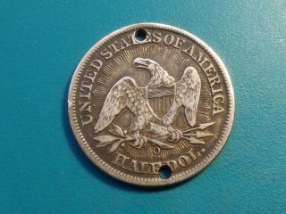 1853 - O ARROWS & RAYS Seated Liberty Half Dollar with Hole.  Choice VF detail 2