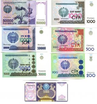 Uzbekistan Banknote 50000,  10000,  5000,  1000,  500,  200,  100 Som.