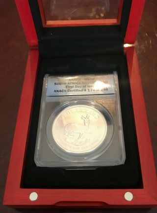 2018 1 Oz Silver Krugerrand Anacs Ms70 First Day Of Issue W/ Display Case &