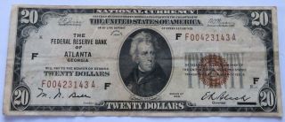 1929 $20 National Currency Note,  Federal Reserve Bank Of Atlanta Bill (031810q)