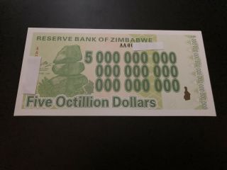 Zimbabwe 5 Octillion Dollars Banknote/not Real Money/fantasy Note