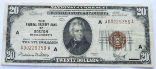 1929 $20 National Currency Note Federal Reserve Bank Of Boston Bill (031802q)