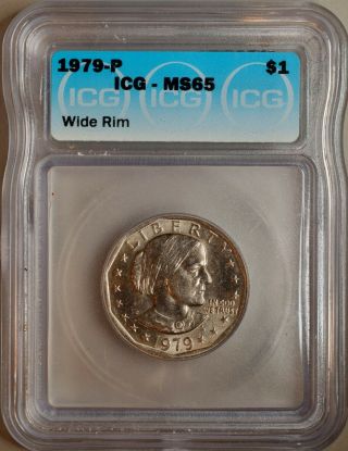 1979 P Sba Susan B Anthony Dollar - Error: Wide Rim/ Near Date - Icg Grade Ms65