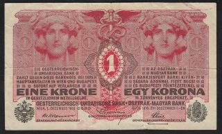 1916 1 Krone Austria Vintage Old Paper Wwi Money Banknote Currency Note P 20 Vf