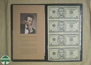 Uncut Sheet Of 4 Series 2001 $5 Federal Reserve Notes W/ Papers In Folder
