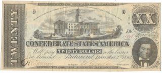 Confederate States Of America $20.  00 Bank Note,  T - 51,  Cr365,  Plt G,  Fine Uncirc
