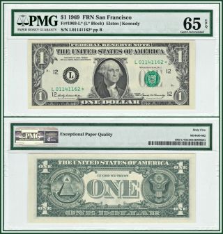 1969 Star $1 San Francisco Federal Reserve Note Pmg 65 Epq Gem Unc Frn Dollar