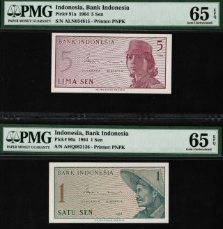 Tt Pk 90a & 91a 1964 Indonesia 1 & 5 Sen Pmg 65 Epq Gem Unc Set Of Two Notes